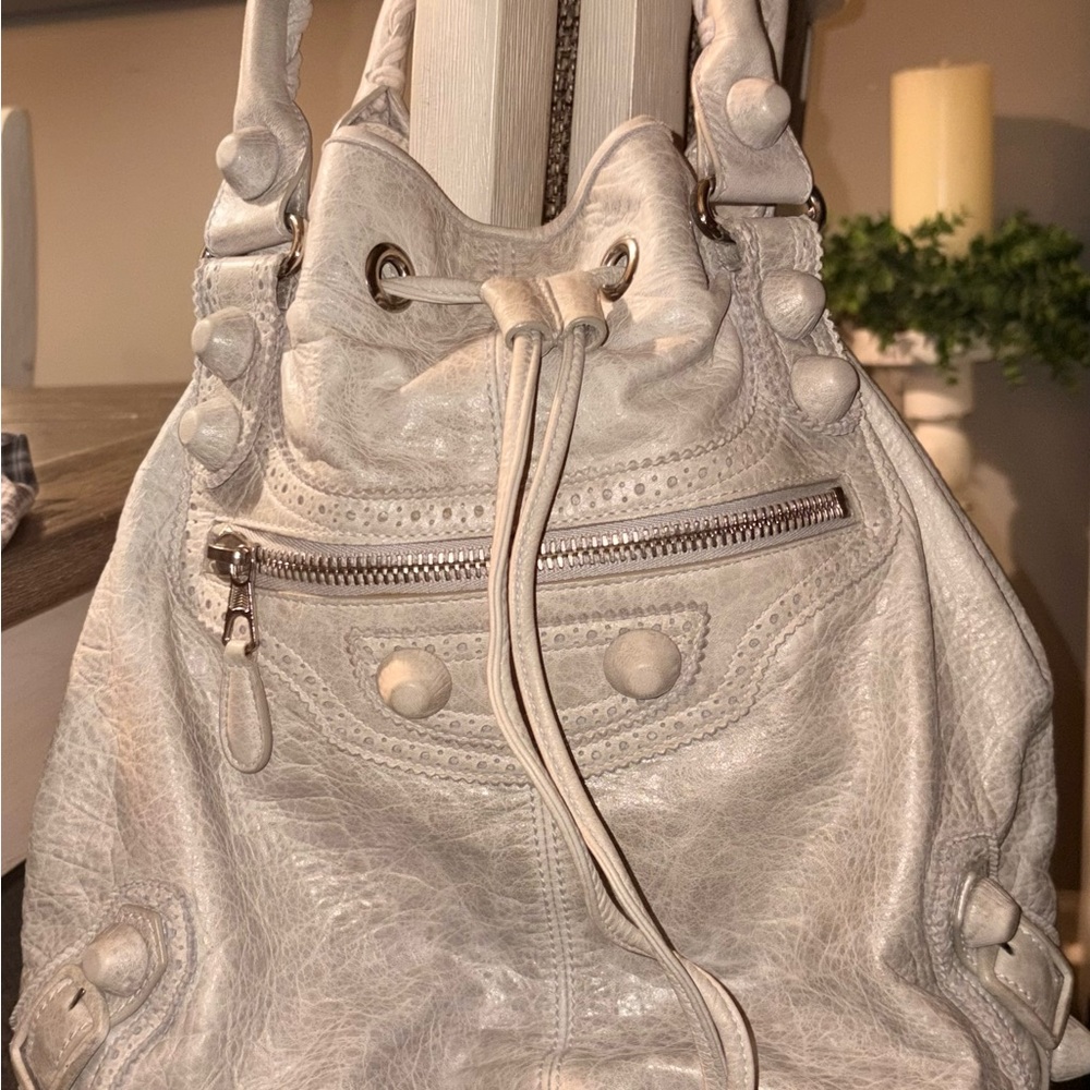 Balenciaga Gray Leather pompom Lambskin Leather Shoulder Bag